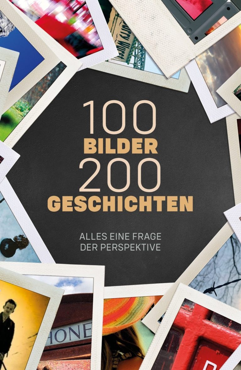 Buchcover mit Titel und Zusatzinfo Alles eine Frage der Perspektive, umrandet von bunten Polaroidfotos