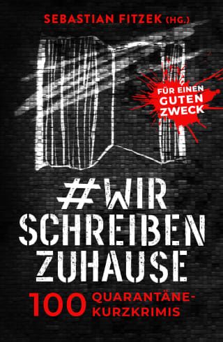 Buchcover schwarz mit Titel, weißer Skizze eines aufgeklappten Buches sowie Zusatzinfos 100 Quarantäne-Kurzkrimis und für den guten Zweck