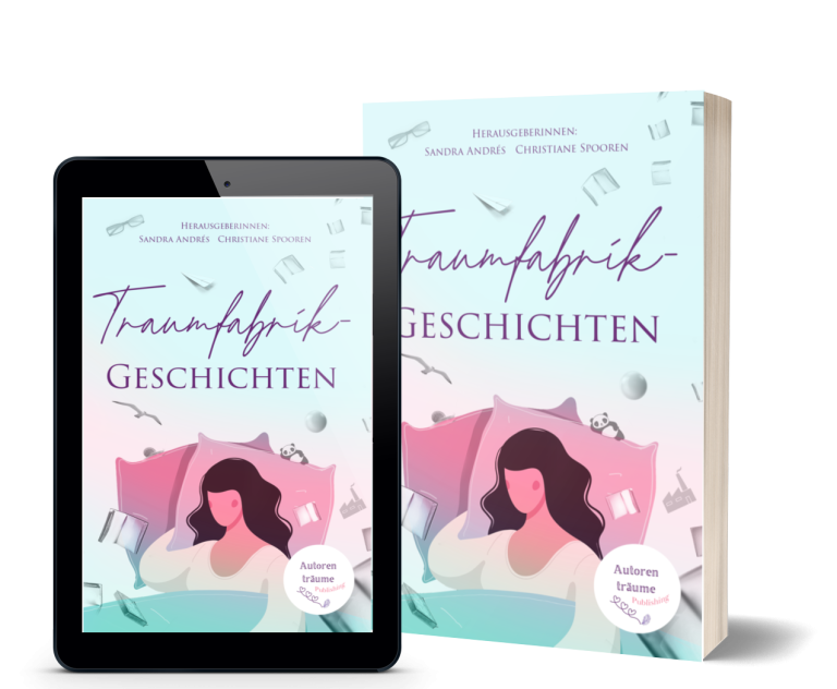 Cover mit Titel, Farbverlauf Pastell Rosa und Hellblau, gezeichnete schlafende Frau, kleine Symbole für Träume verteilt